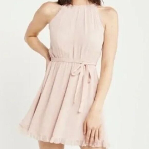 Abercrombie & Fitch | TALL Pink Chiffon High Neck Mini Dress | Size Small Tall - Picture 1 of 15